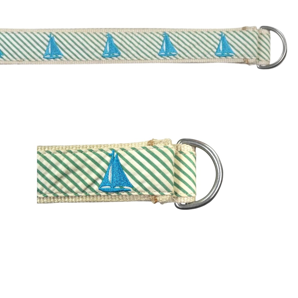 VTG LL Bean D-Ring Web Belt Women 44 Green Sailboat Nautical Prep Coastal Outdoo